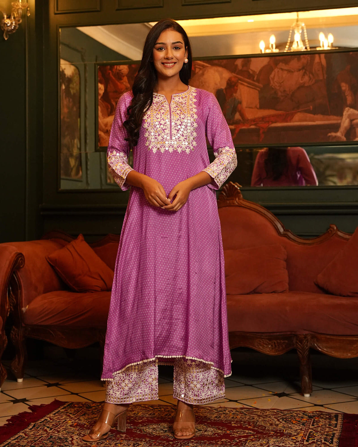 PURPLE PINK SHANTUNG KURTA SET WITH EMBROIDERY