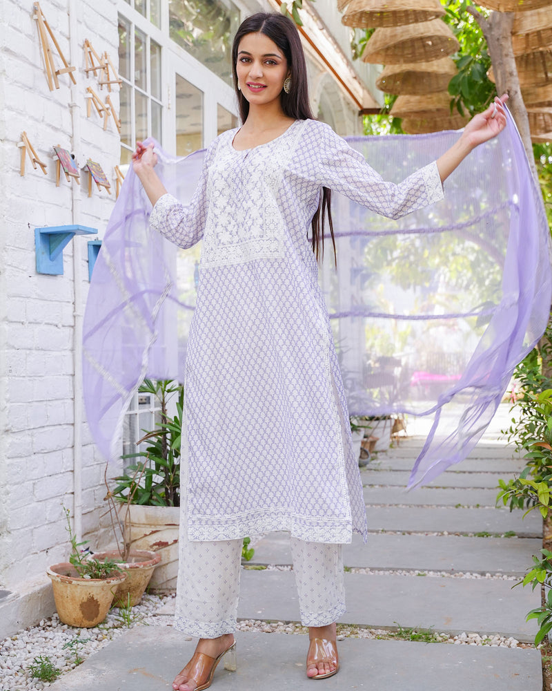 PURPLE COTTON HANDBLOCK EMBROIDERED SUIT SET