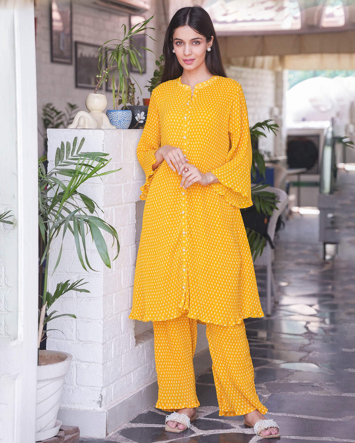 MUSTARD POLKA DOT PLEATED GEORGETTE CO-ORD SET