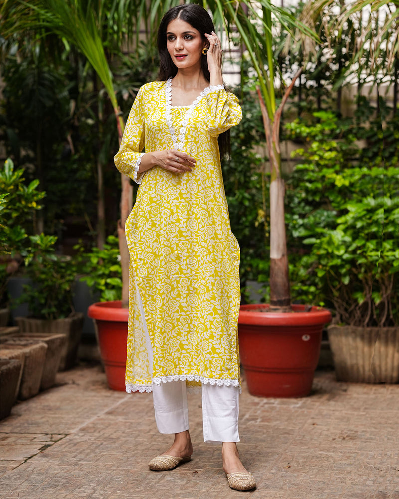 LIME YELLOW COTTON KURTA WITH LACE