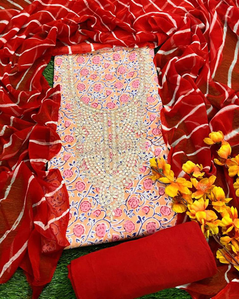RED & ORANGE HANDBLOCK UNSTITCHED SUIT SET