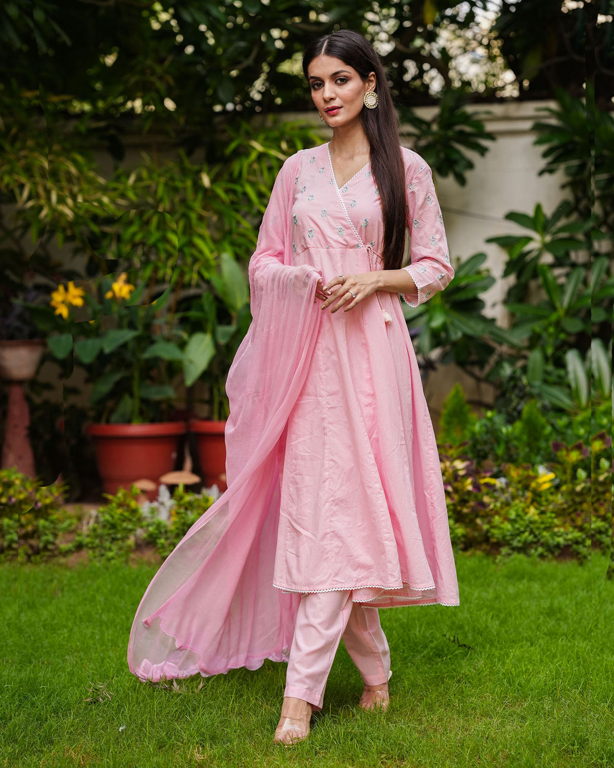 PINK COTTON ANARKALI SUIT SET WITH EMBROIDERY