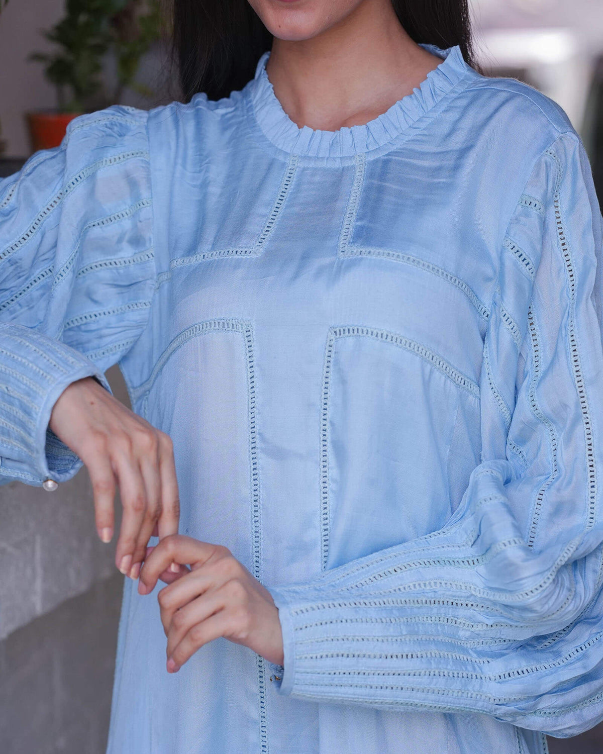 BABY BLUE CO-ORD SET WITH HANDWOVEN LACEWORK