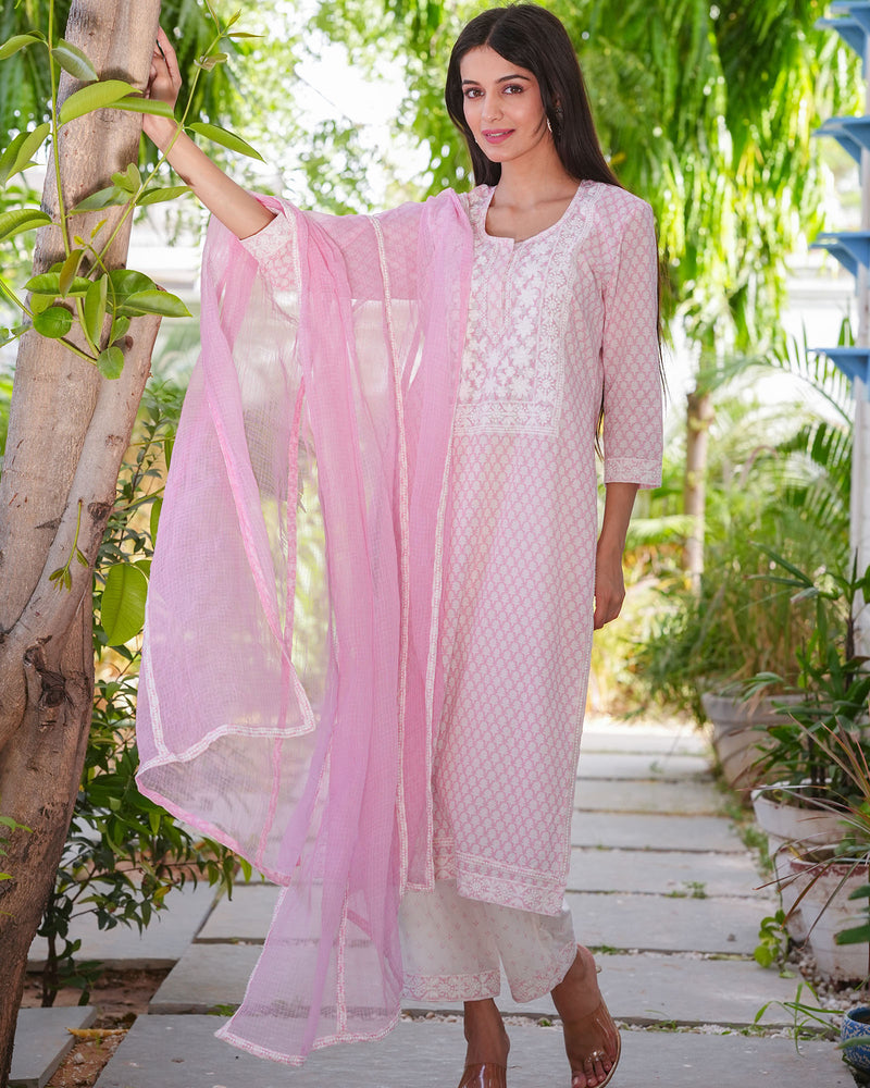 PINK COTTON HANDBLOCK EMBROIDERED SUIT SET