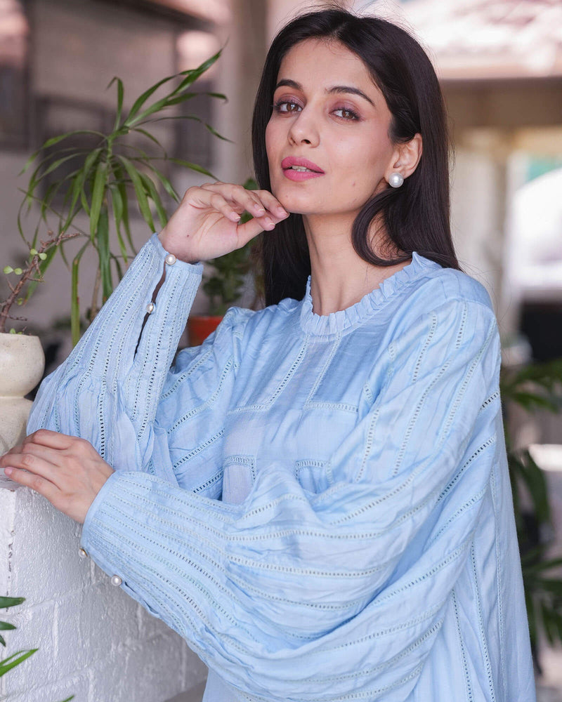 BABY BLUE CO-ORD SET WITH HANDWOVEN LACEWORK
