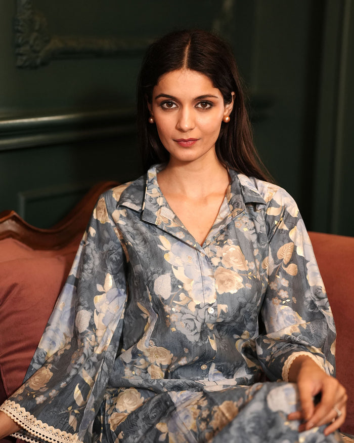 SMOKE BLUE MUSLIN CO-ORD SET