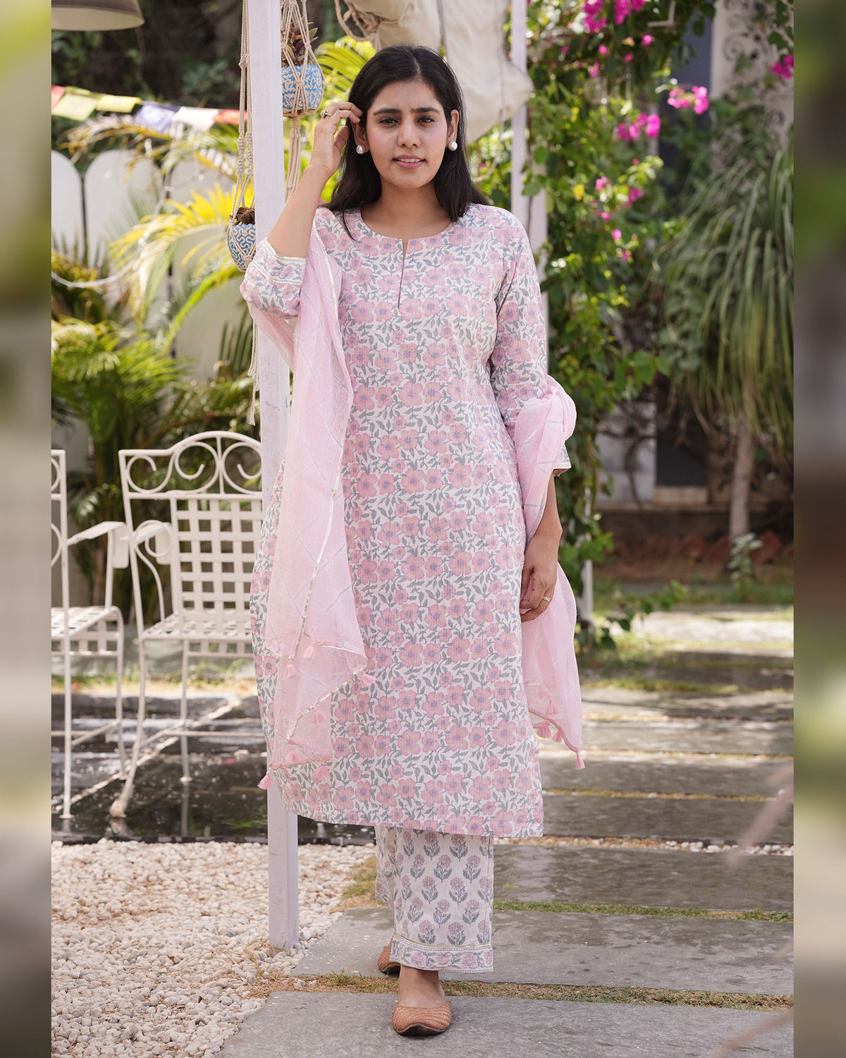 PINK FLOWER PRINT COTTON SUIT SET