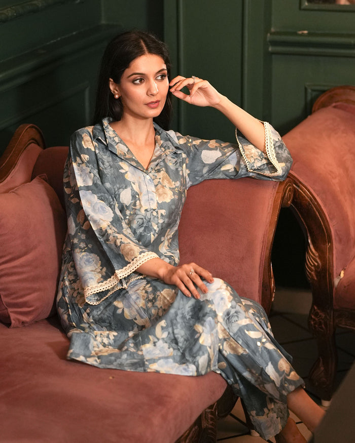 SMOKE BLUE MUSLIN CO-ORD SET