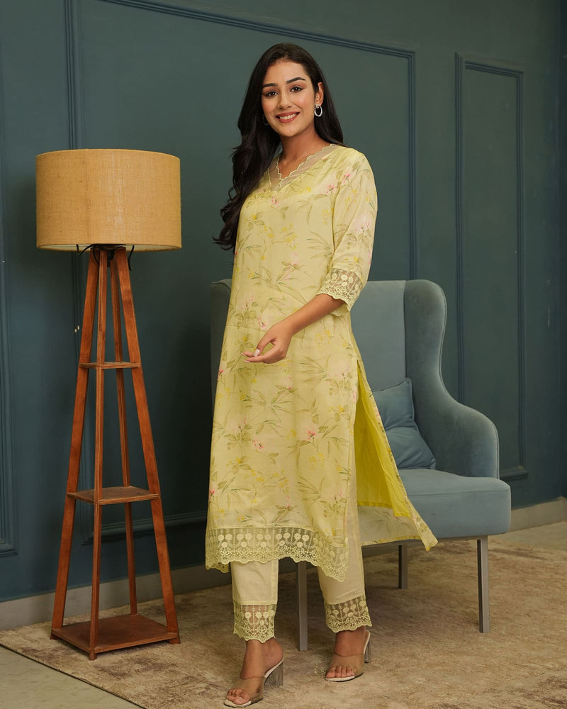 YELLOW MUSLIN KURTA SET WITH LACE WORK