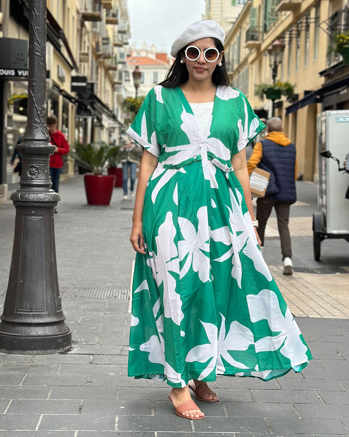 GREEN & WHITE FLOWY MUSLIN GOWN