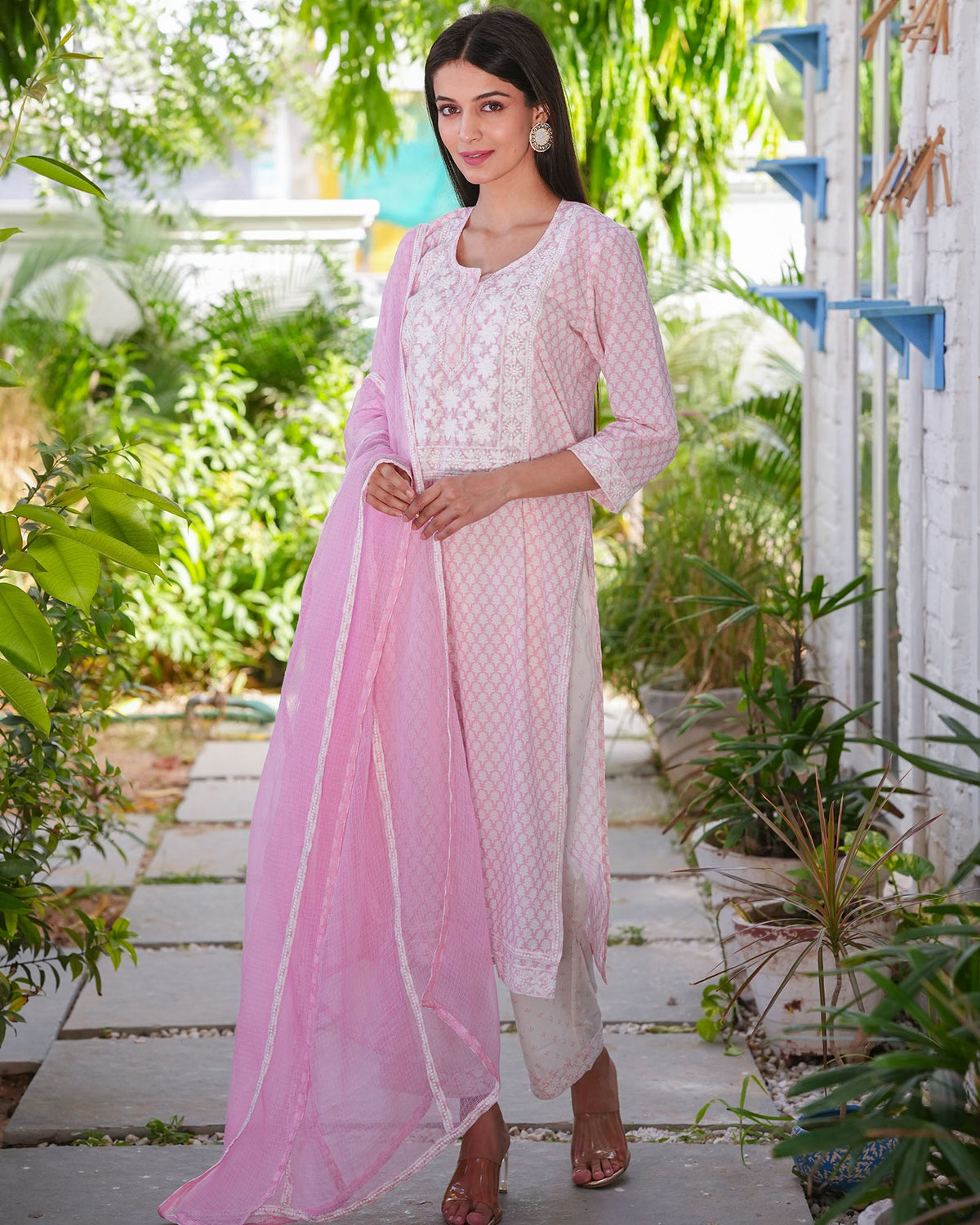 PINK COTTON HANDBLOCK EMBROIDERED SUIT SET