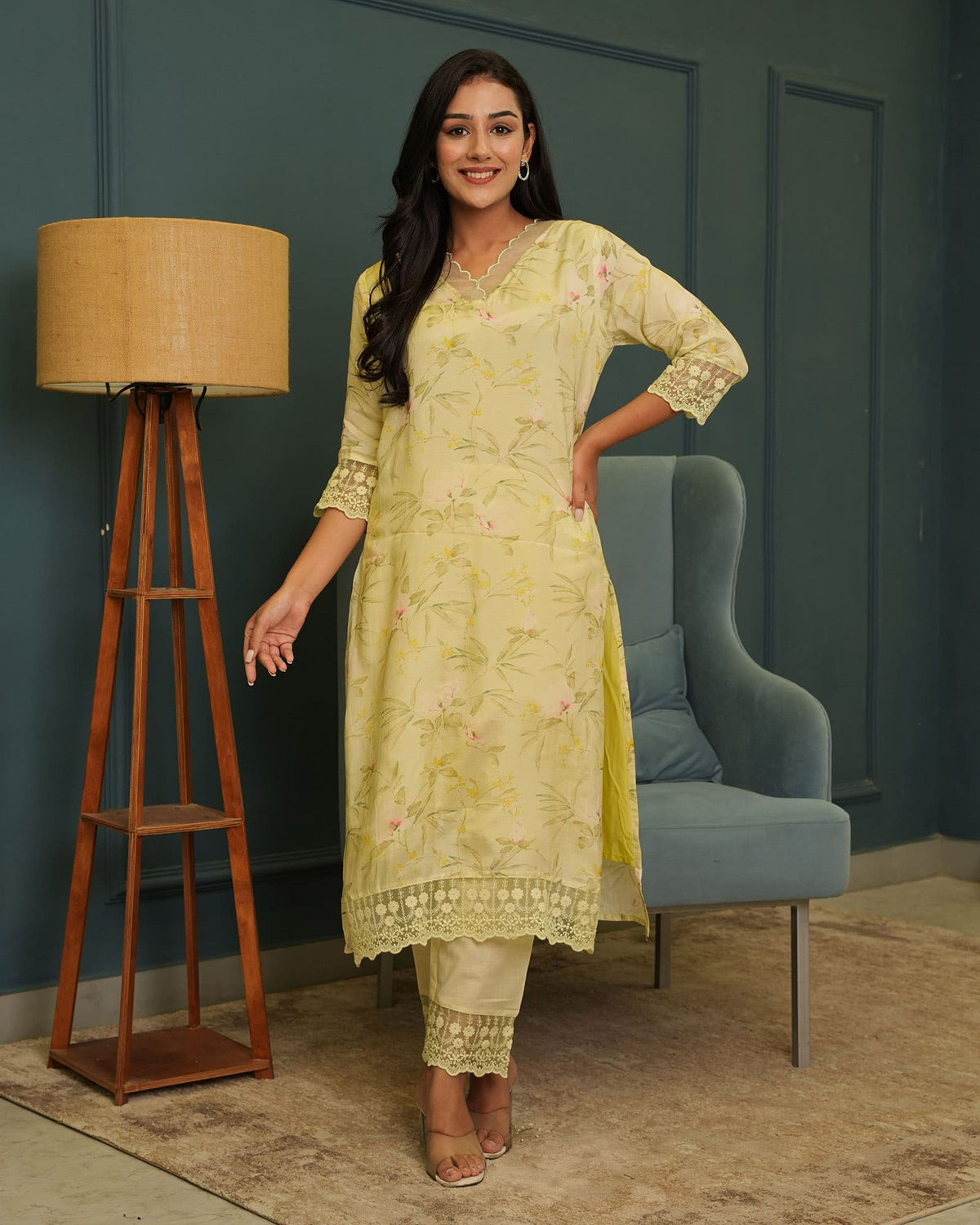 YELLOW MUSLIN KURTA SET WITH LACE WORK