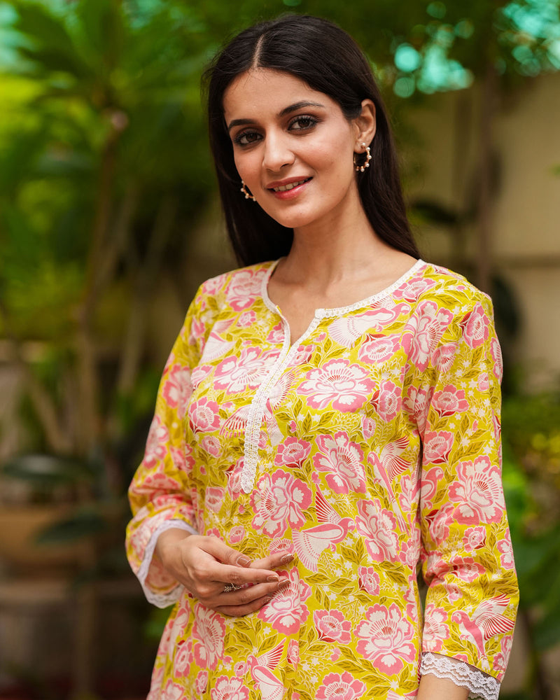 GRASS GREEN FLORAL COTTON KURTA WITH LACE
