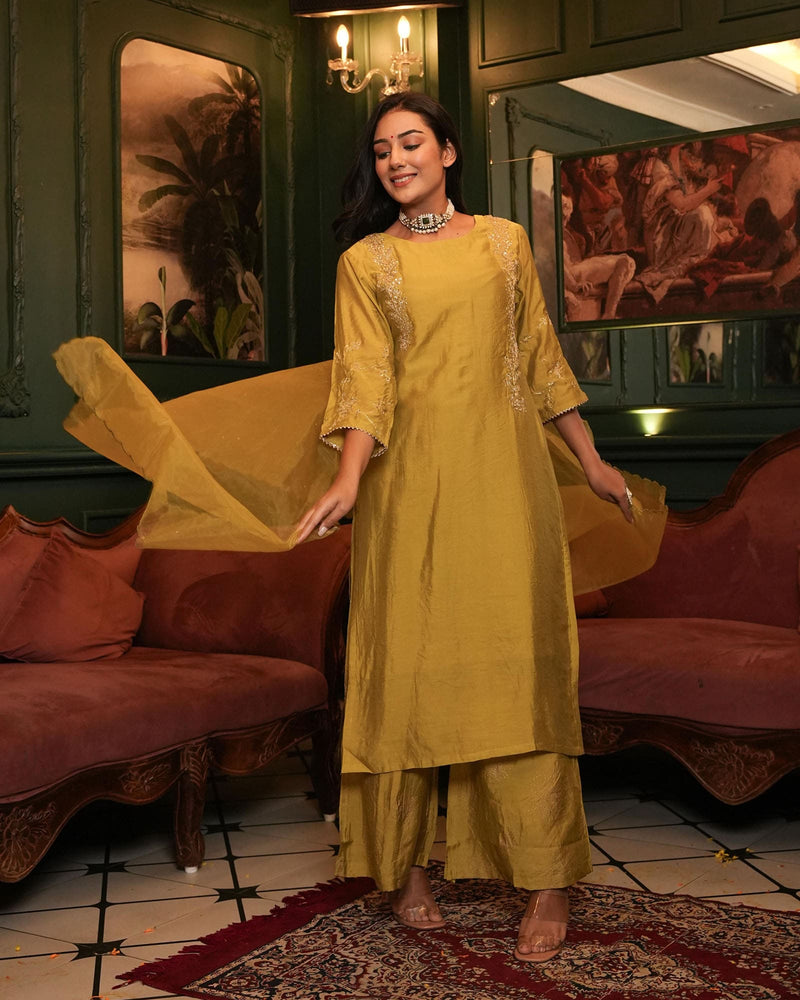 OLIVE SHARARA SET WITH ORGANZA DUPATTA