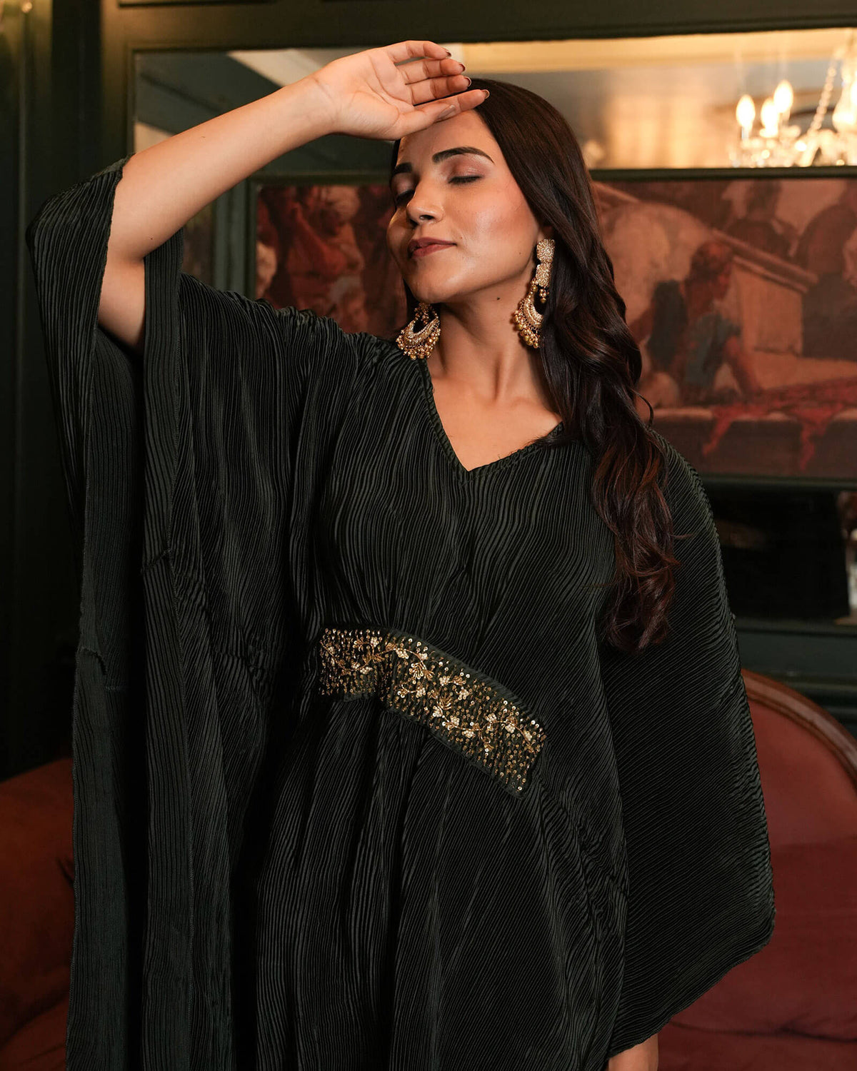 GREEN PLEATED SATIN GOWN WITH HANDWORK