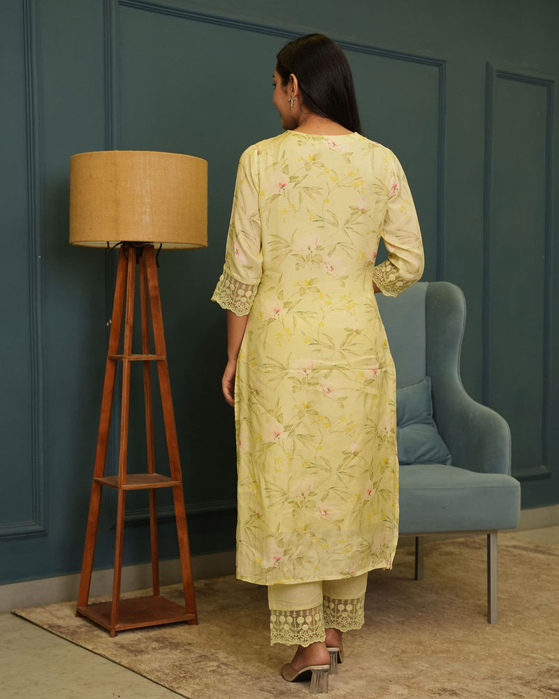 YELLOW MUSLIN KURTA SET WITH LACE WORK