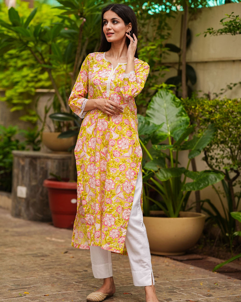 GRASS GREEN FLORAL COTTON KURTA WITH LACE