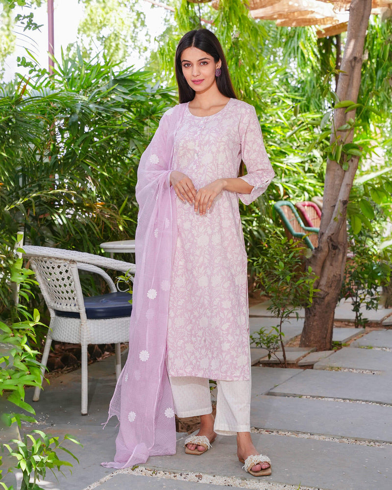 SOFT PINK HANDBLOCK COTTON SUIT SET