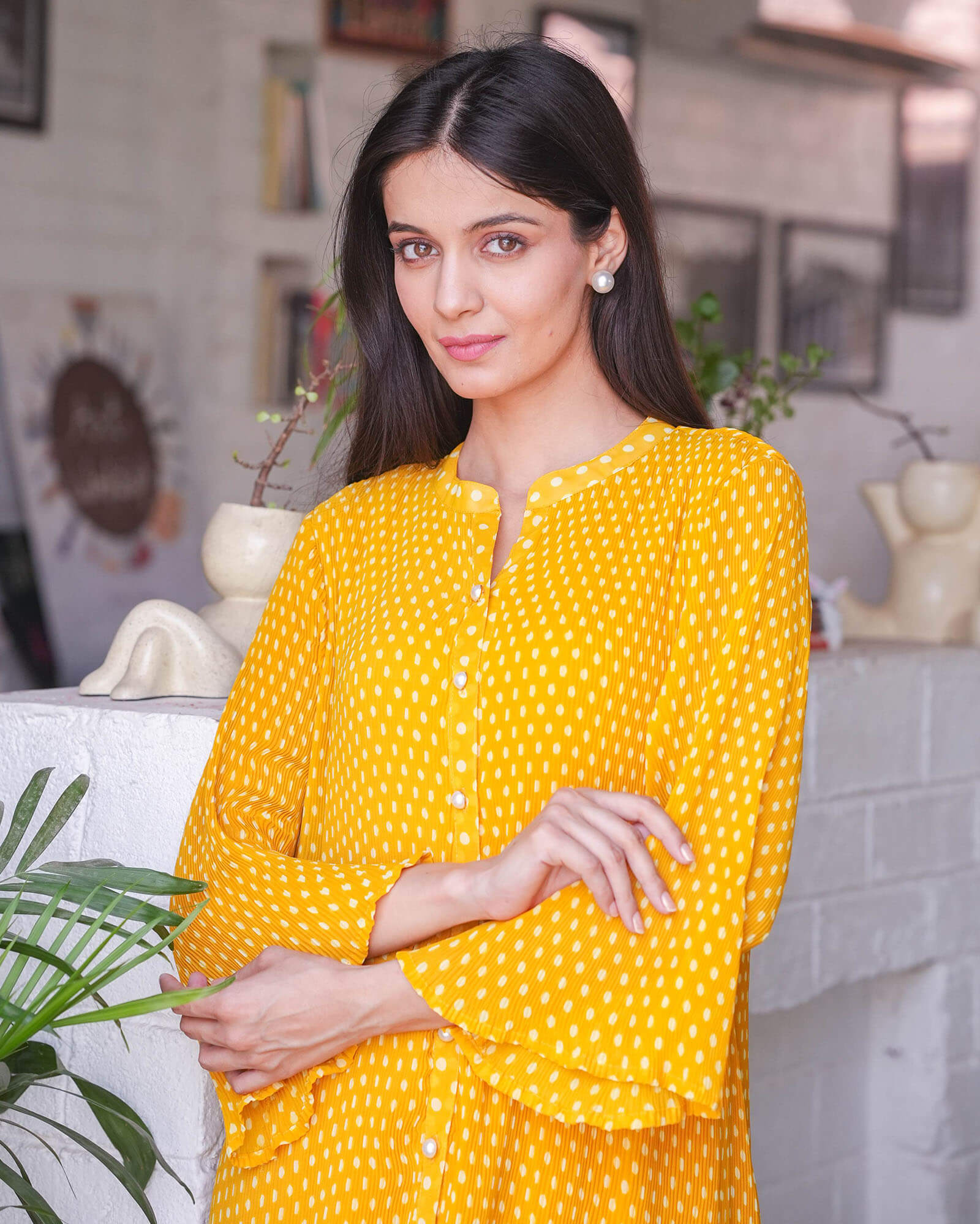 mustard yellow polka dot top