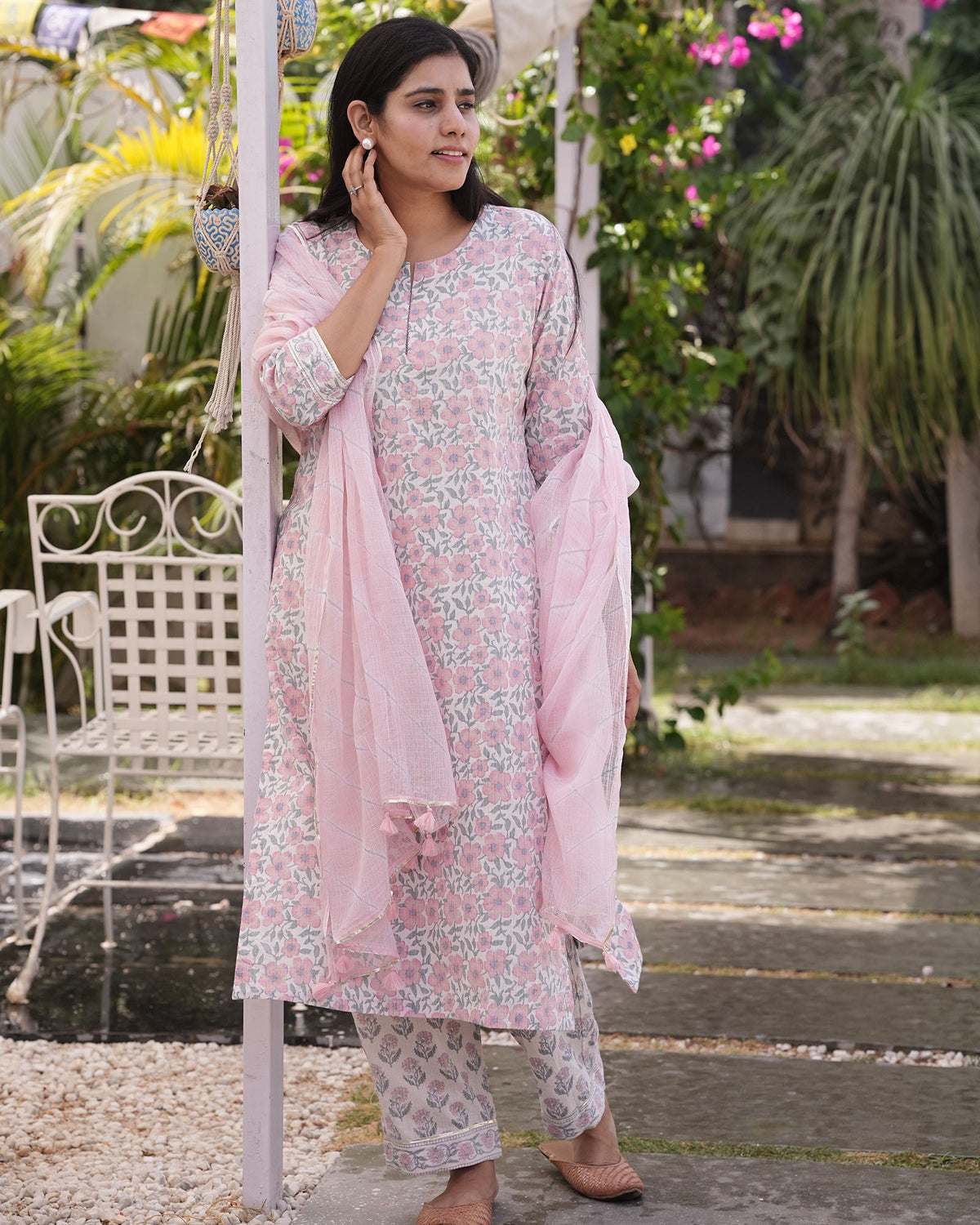PINK FLOWER PRINT COTTON SUIT SET