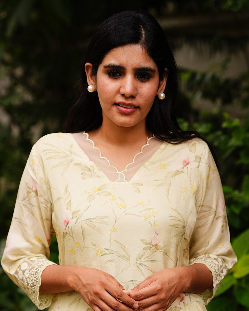 YELLOW MUSLIN KURTA SET WITH LACE WORK