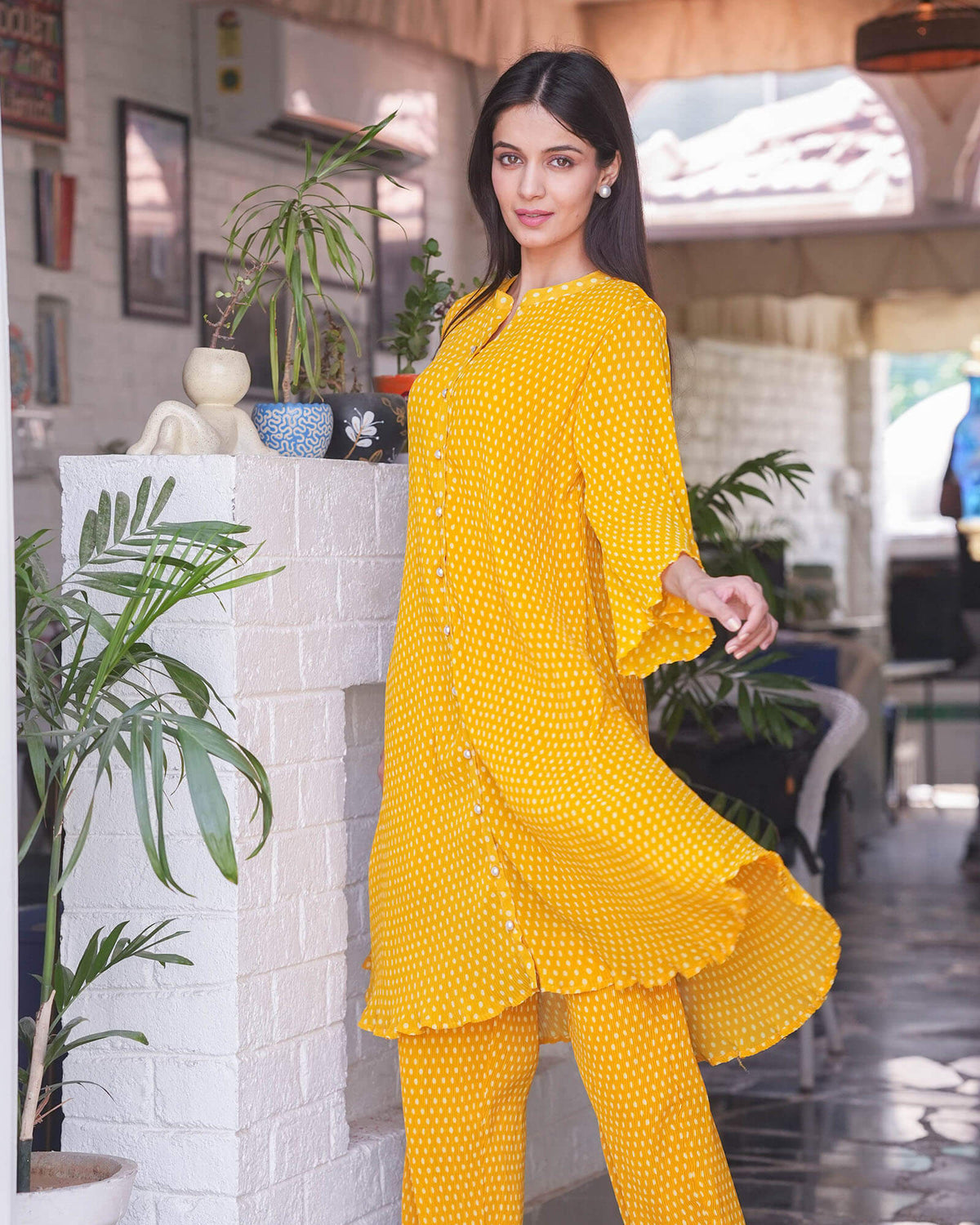 MUSTARD POLKA DOT PLEATED GEORGETTE CO-ORD SET