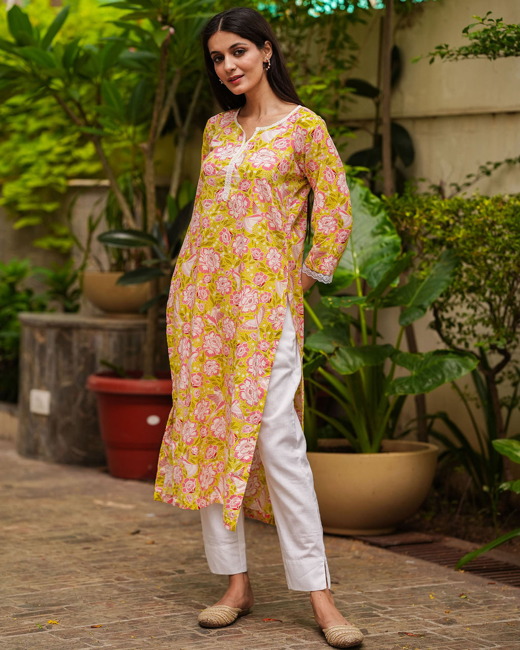 GRASS GREEN FLORAL COTTON KURTA WITH LACE