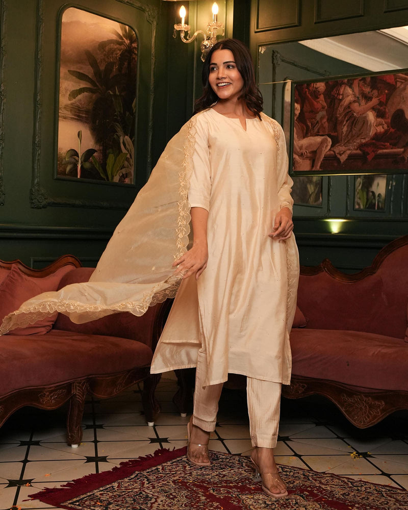 MOONLIGHT WHITE CHANDERI SUIT WITH EMBROIDERY