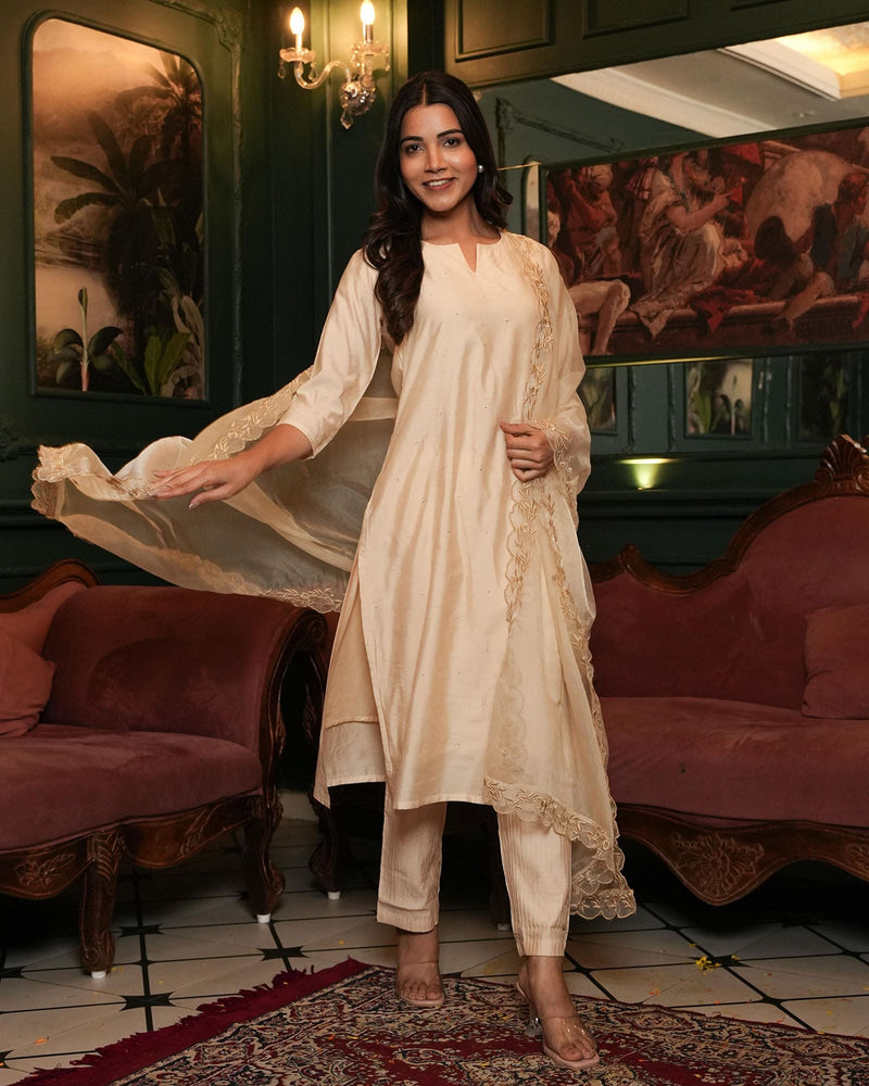 MOONLIGHT WHITE CHANDERI SUIT WITH EMBROIDERY