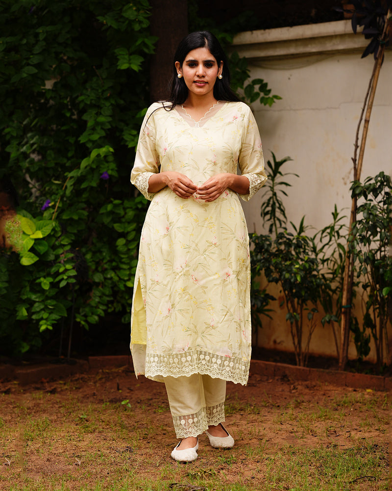 YELLOW MUSLIN KURTA SET WITH LACE WORK