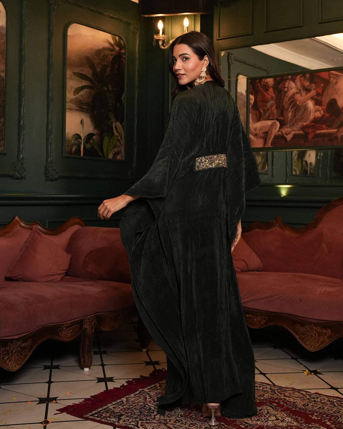 GREEN PLEATED SATIN GOWN WITH HANDWORK