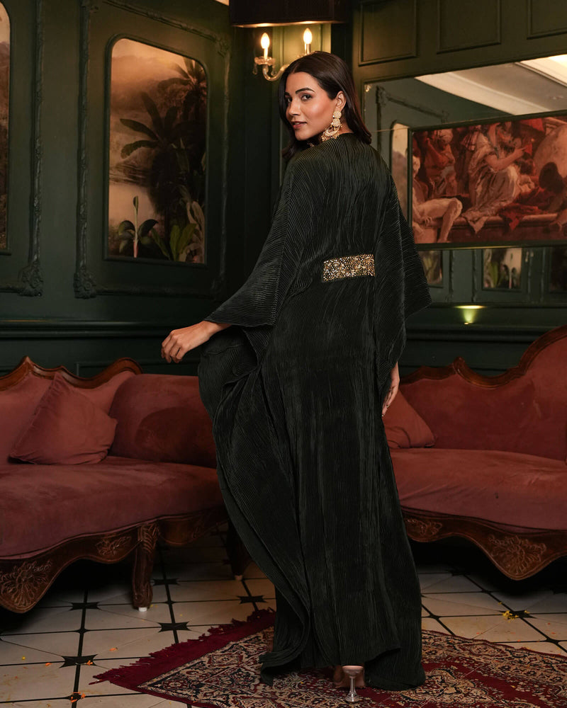 GREEN PLEATED SATIN GOWN WITH HANDWORK