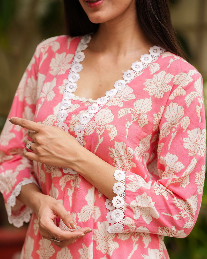 PRETTY PINK COTTON KURTA WITH LACE