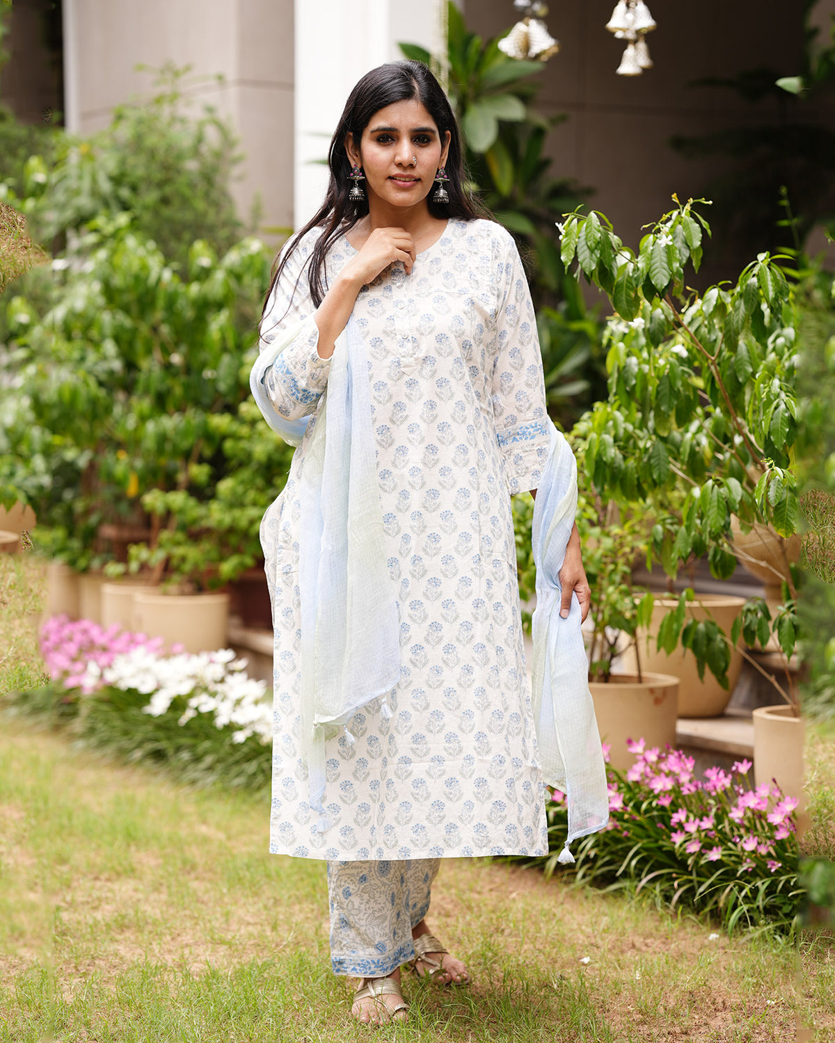 WHITE BLUE HANDBLOCK SUIT SET WITH KOTA DUPATTA