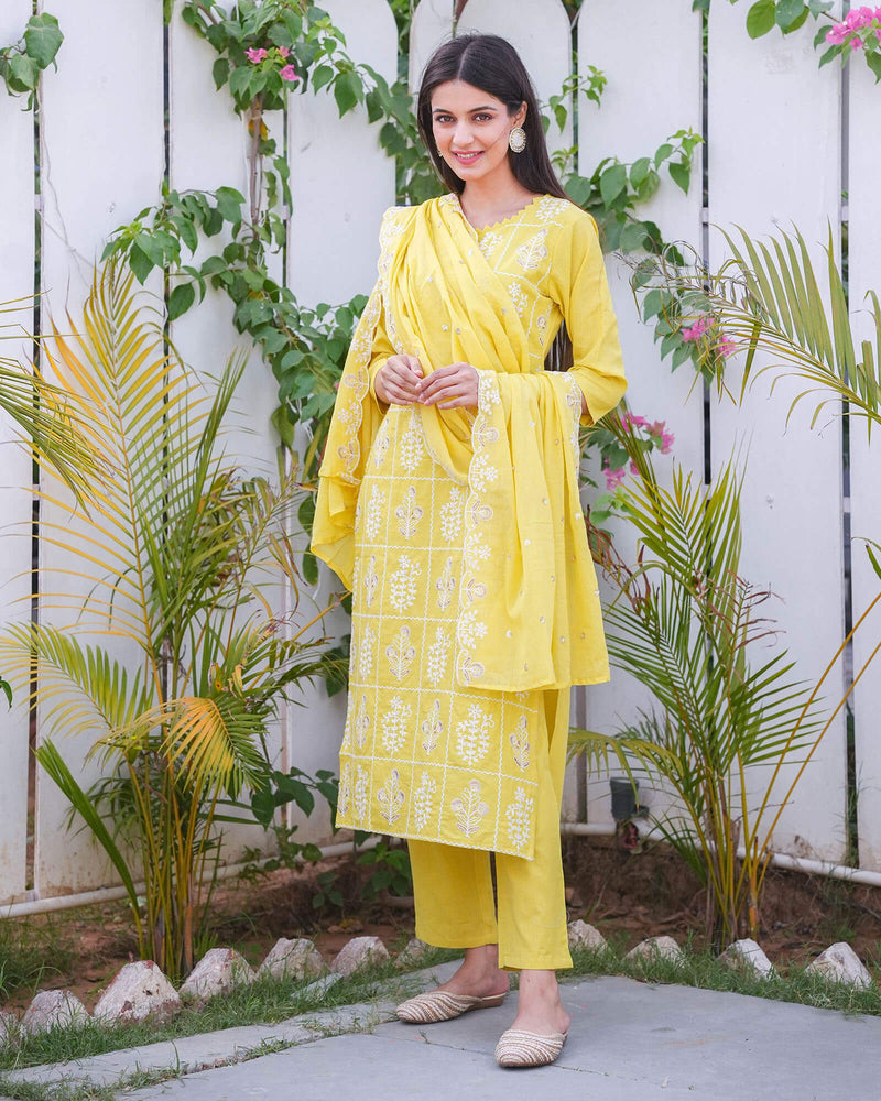 YELLOW COTTON FLEX SUIT SET WITH EMBROIDERY