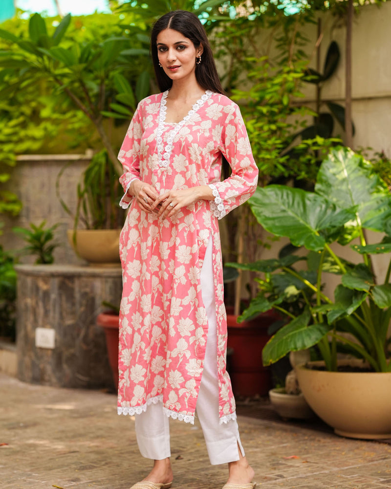 PRETTY PINK COTTON KURTA WITH LACE