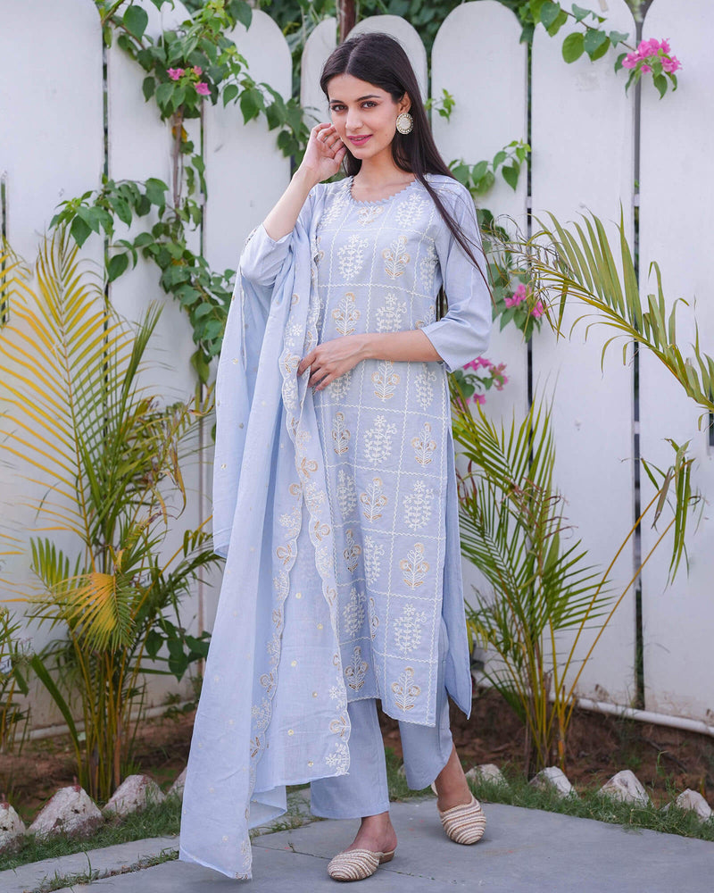 BLUE COTTON FLEX SUIT SET WITH EMBROIDERY