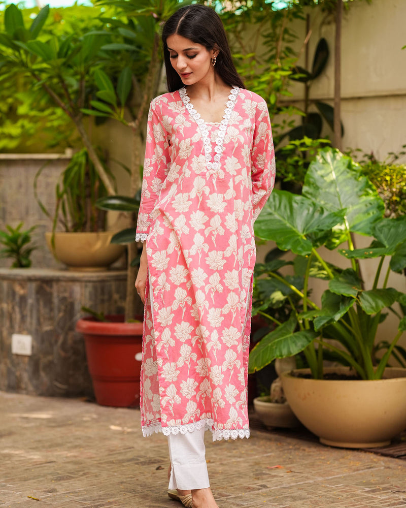 PRETTY PINK COTTON KURTA WITH LACE