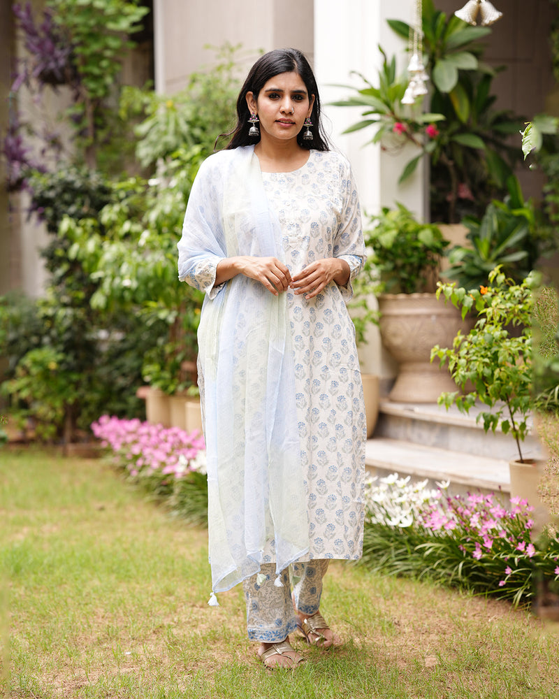 WHITE BLUE HANDBLOCK SUIT SET WITH KOTA DUPATTA