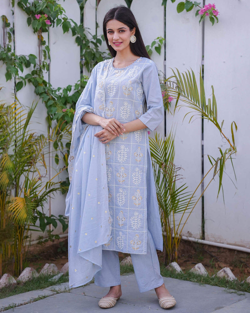 BLUE COTTON FLEX SUIT SET WITH EMBROIDERY