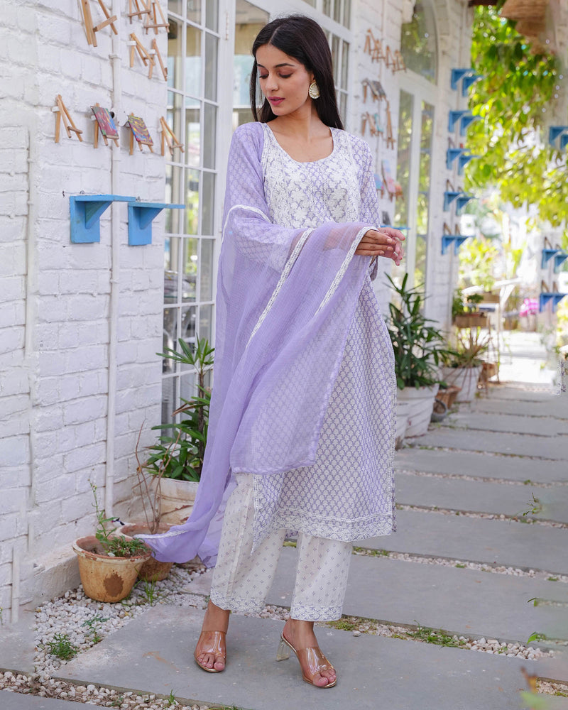 PURPLE COTTON HANDBLOCK EMBROIDERED SUIT SET