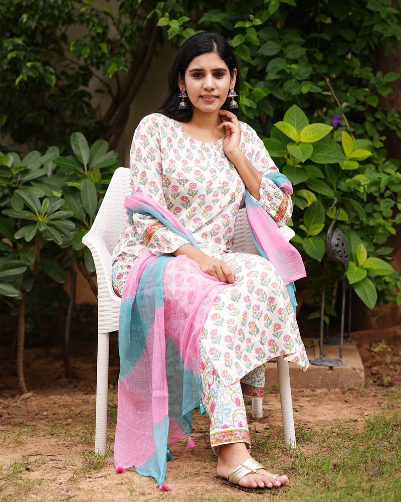 WHITE HANDBLOCK SUIT SET WITH KOTA DUPATTA