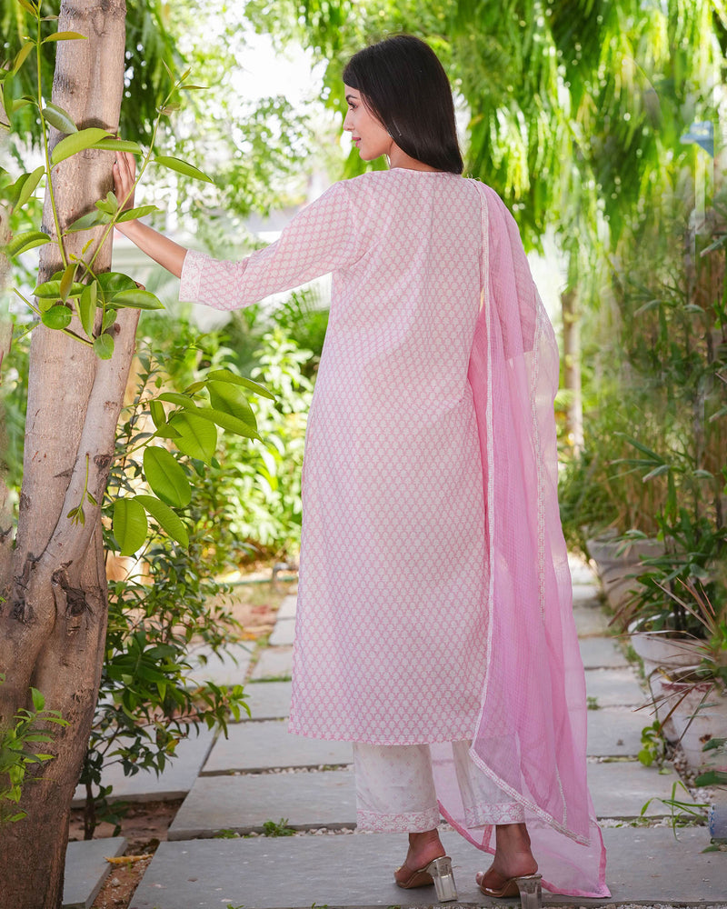 PINK COTTON HANDBLOCK EMBROIDERED SUIT SET