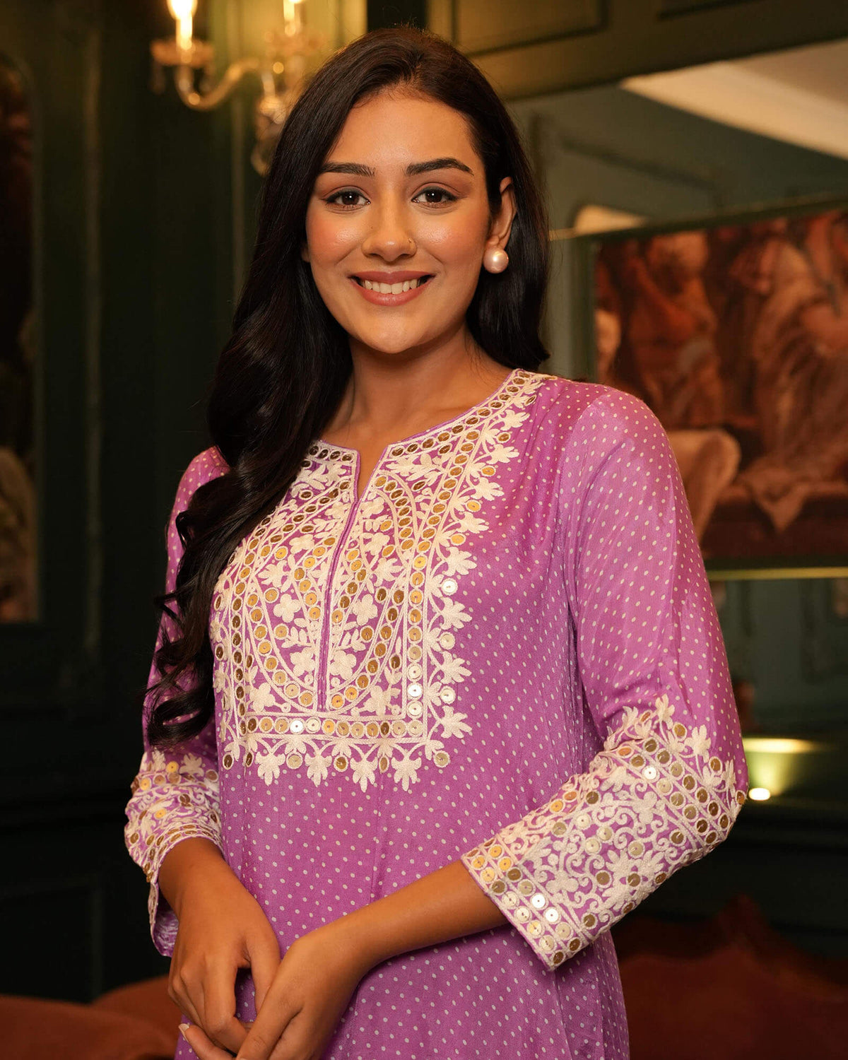 PURPLE PINK SHANTUNG KURTA SET WITH EMBROIDERY