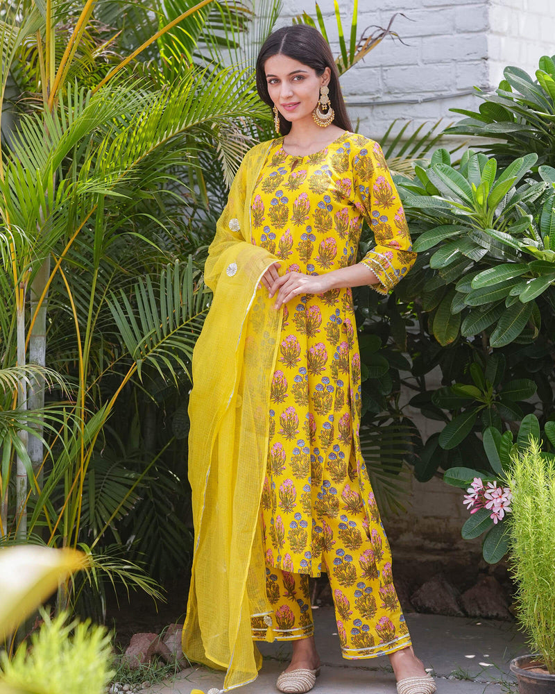 YELLOW COTTON HANDBLOCK SUIT SET