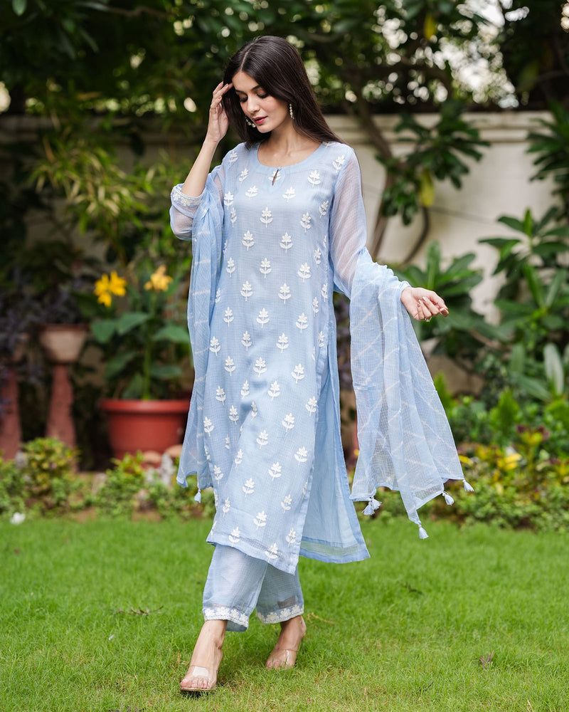 BABY BLUE KOTA DORIA SUIT SET WITH EMBROIDERY
