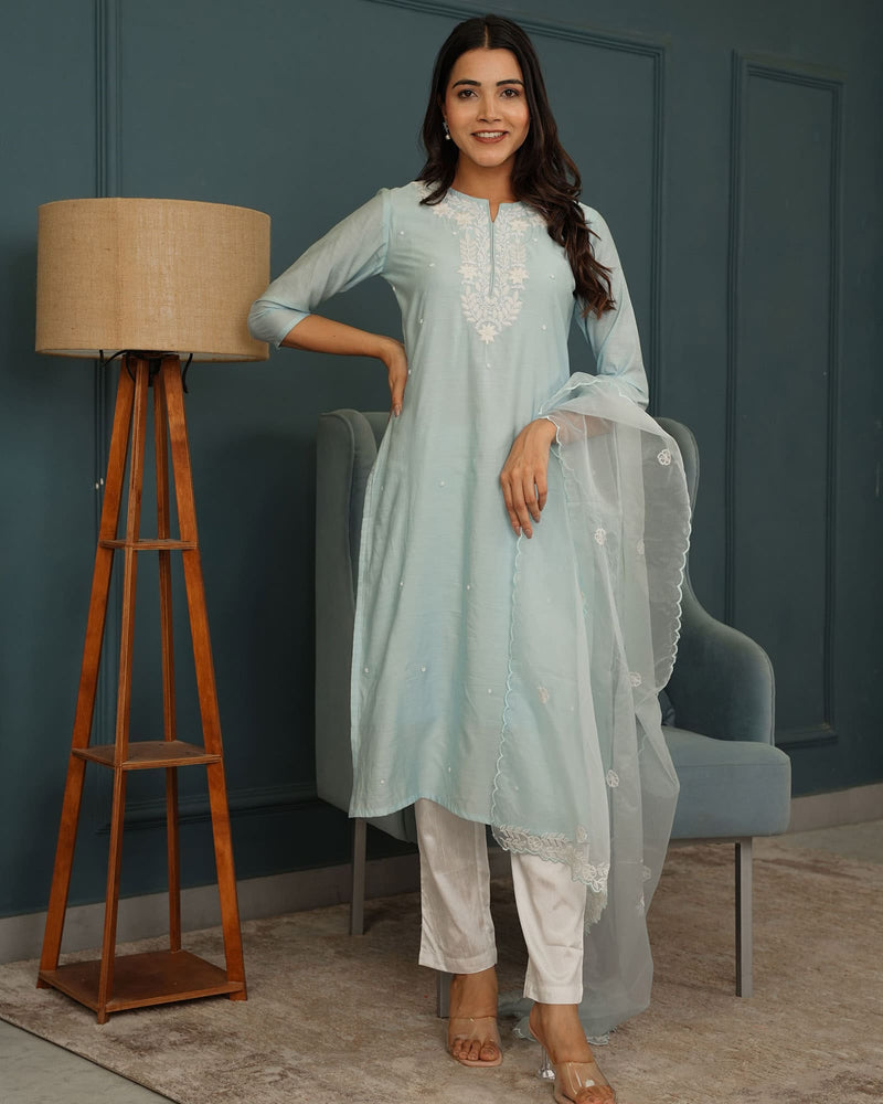 BLUE CHANDERI SUIT SET WITH PEARL WORK