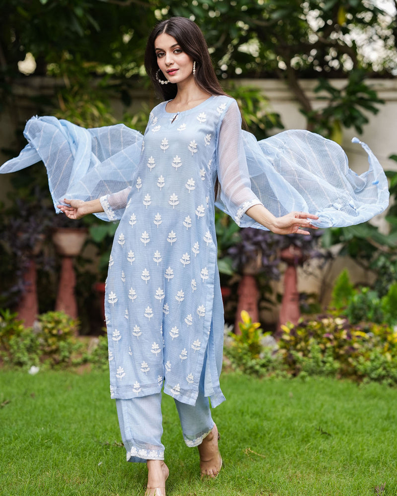 BABY BLUE KOTA DORIA SUIT SET WITH EMBROIDERY