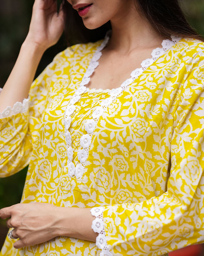 LIME YELLOW COTTON KURTA WITH LACE