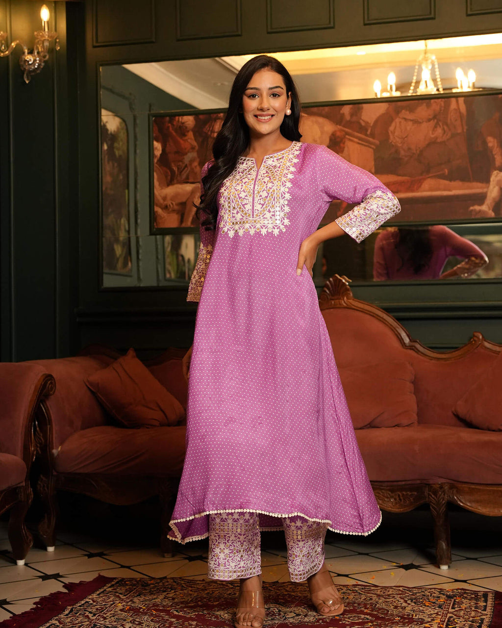 PURPLE PINK SHANTUNG KURTA SET WITH EMBROIDERY